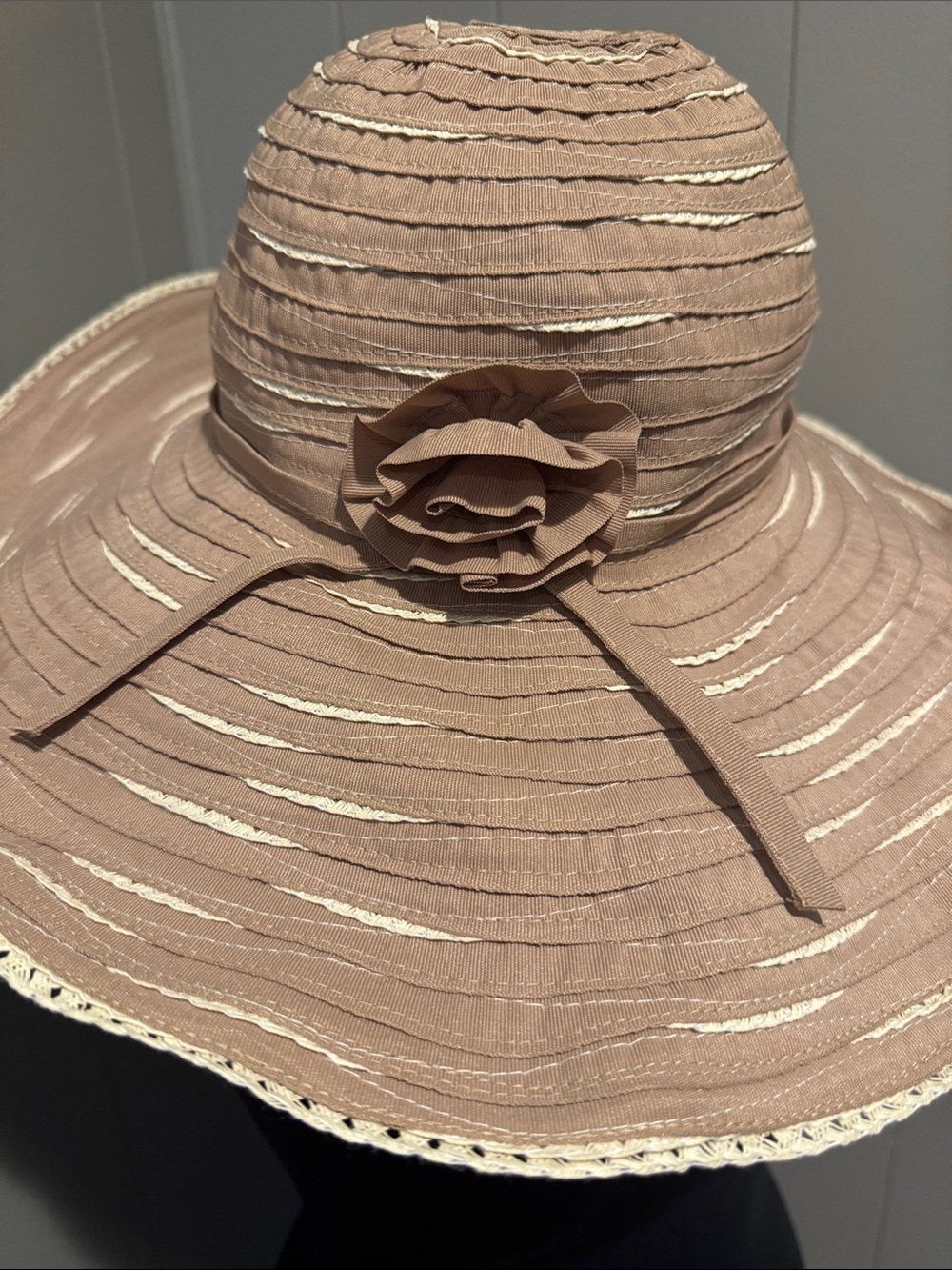 Sunday Afternoons Hat with Offset Spiral Sewn Ribbon & woven bands. - Picture 2 of 6